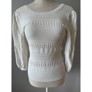 Mango MNG White Crochet Hollow Out Lantern Sleeve‎ Open Knit Blouse Size S